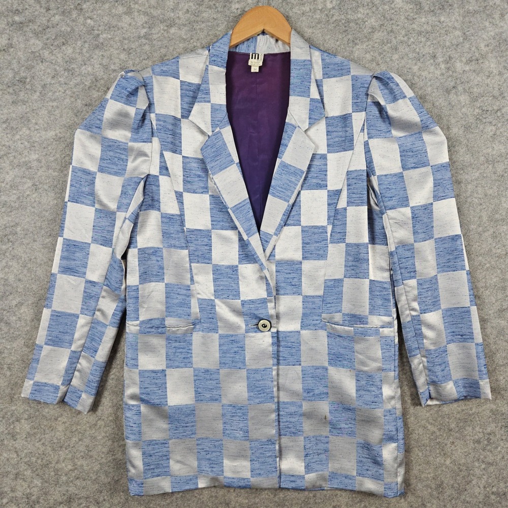 MJ Womens Checkered Blazer Size 14 Blue Silver One Button Statement Jacket SPOTS